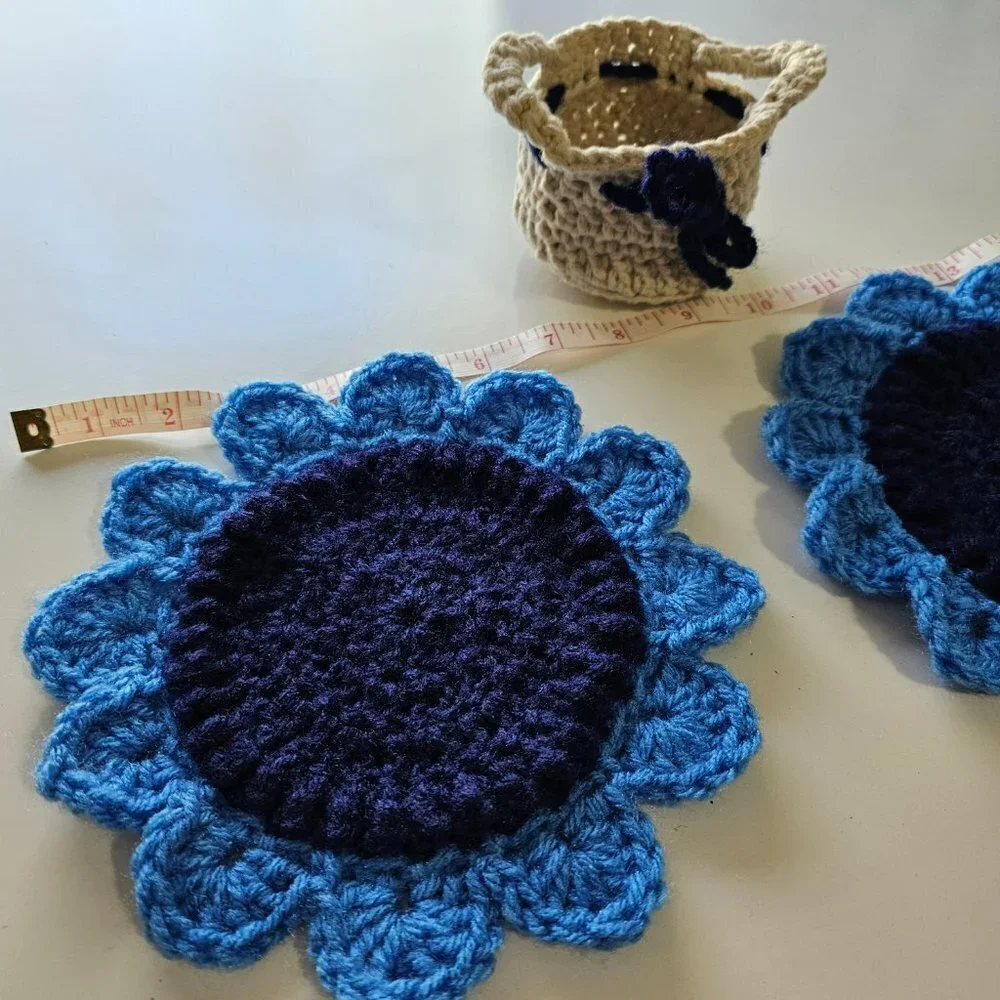 Crochet Blue Flower Coasters with Basket -NEW